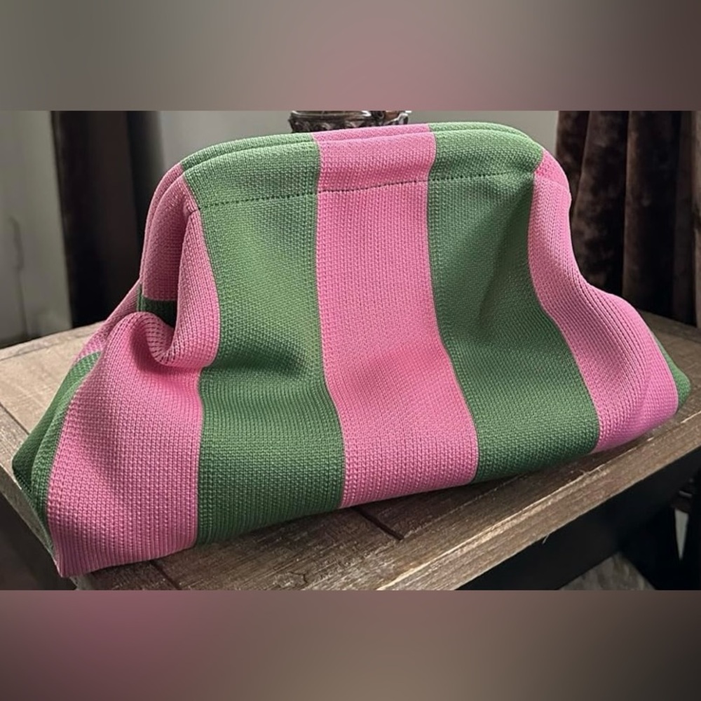 NEW Striped Woven Dumpling Clutch Bag  Light Pink & Green - Picture 4 of 5